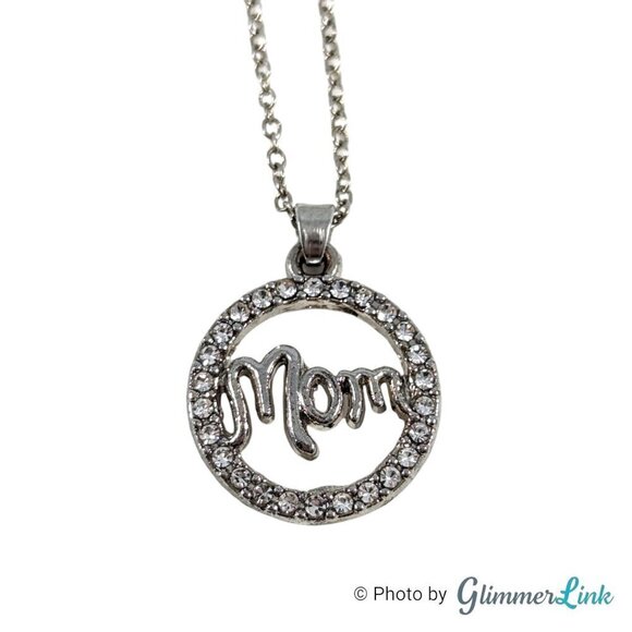 Mothers Day Round Pave Mom Halo Silver Tone Necklace - Picture 1 of 9